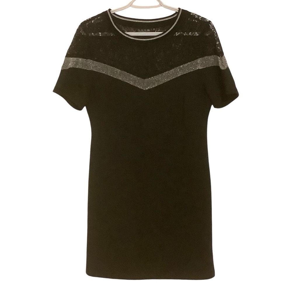 SANDRA VENDITTI BLACK & METALLIC SILVER/ LACE SHORT SLEEVE MIDI DRESS/ Size M